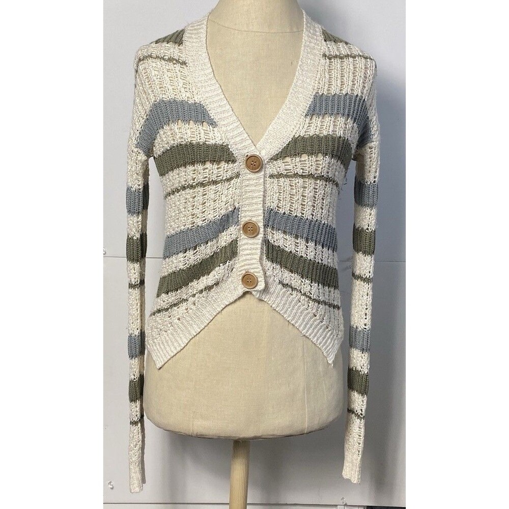 Freshman 1996 Women Cardigan Sz XS Ivory Gray Olive Stripe Button Up Long Sleeve